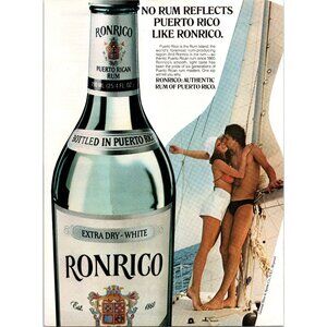 1980 Ronrico Rum Puerto Rico Vintage Print Ad Couple Sailing Sailboat Wall Art